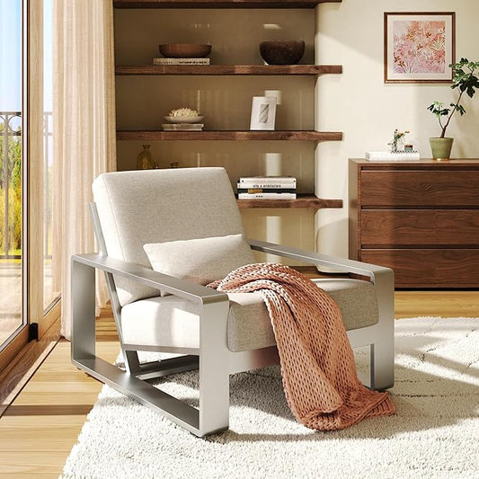 Christopher Knight Home Aspen Outdoor Aluminum Club Chair, Durable Aluminum Lounge Chair, Armchair with Cushions, Metal Accent Chair, Tilt Backrest Recliner for Backyard, Garden, Balcony, Silver+Beige