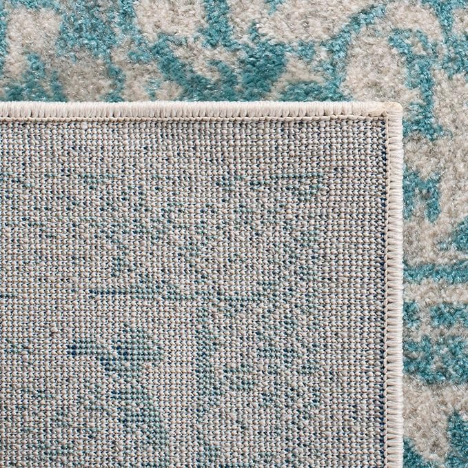 SAFAVIEH Evoke Collection Area Rug - 5'3" Round, Ivory & Aqua, Distressed Design, Non-Shedding & Easy to Clean, Ideal for Living Room, Bedroom, Dining Space (EVK256J)