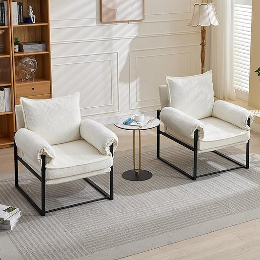 Xifan Modern Comfy Reclining Chair with 6 Angle Adjustable Backrest, Upholstered Accent Chair Fabric Living Room Lounge Chair for Reading Room - Cream, Set of 2