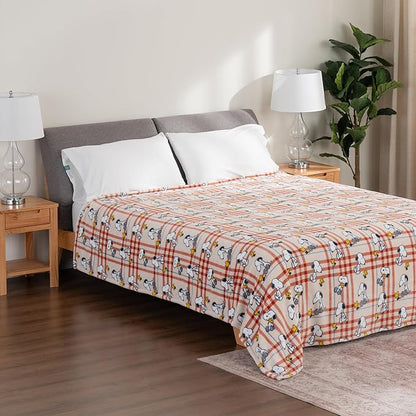 Berkshire Blanket Peanuts® VelvetLoft® Cute Character Snoopy Plush Blanket,Snoopy and Woodstock Wood Holiday Plaid Medium Tan,Twin 60 in x 90 in (Official Peanuts® Product)