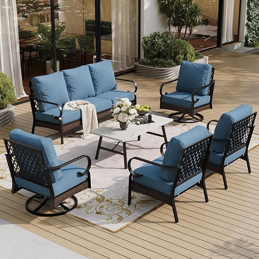 6 Piece Metal Outdoor Patio Furniture Set, Patio Conversation Set with Swivel Chair and 5.75" Thick Cushion & Coffee Tabl, Outdoor Seating Black Frame Backyard Furniture, Denim Blue