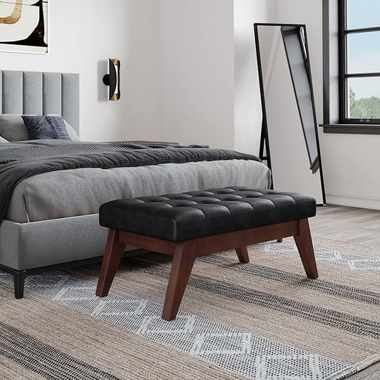SIMPLIHOME Draper 40 inch Wide Mid Century Modern Rectangle Tufted Ottoman Bench in Distressed Black Vegan Faux Leather, Assembled, For the Living Room and Bedroom