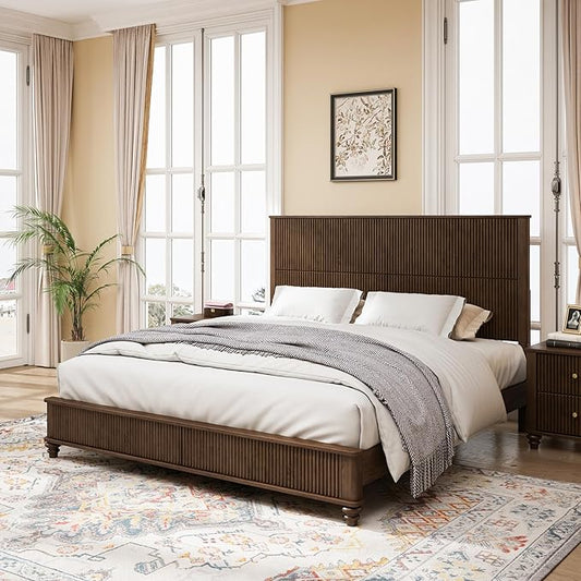 King Size Solid Wood Platform Bed Frame, Solid Wood Bed with 79.13" Headboard, Solid Wood Leg/No Box Spring Needed/Noise Free/Brown