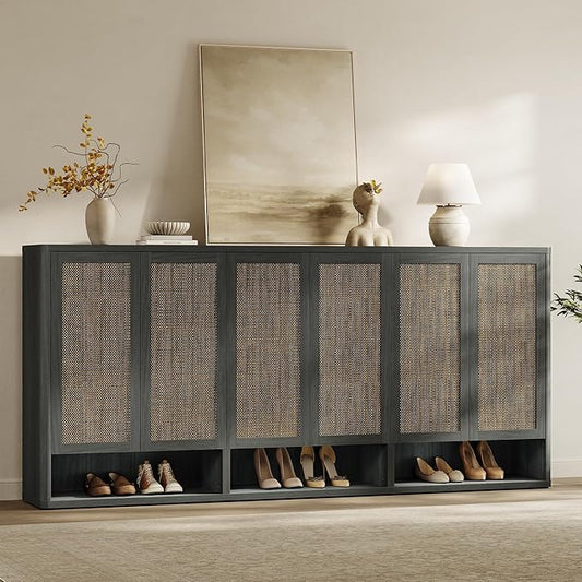 SICOTAS Rattan Shoe Storage Cabinet - Modular Shoe Cabinets with Door Tall Large Shoe Cabinet Storage for Entryway - 96.8" Wide Modular Cabinet for Hallway, Living Room