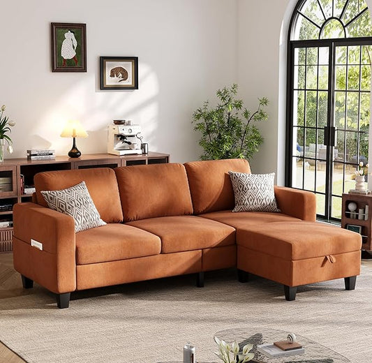 Sectional Sofa and Couches for Living Room, 78'' Orange 3 Seat L-Shaped Couch with Movable Ottoman, Comfy Velvet Convertible Sectionals Sofas with Chaise for Apartment, Office, Small Space