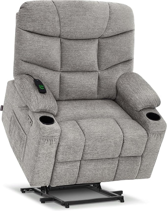 MCombo Oversized Power Lift Recliner Chair with Extended Footrest for Elderly People, Fabric R7289 (Light Grey, Medium-Oversize)