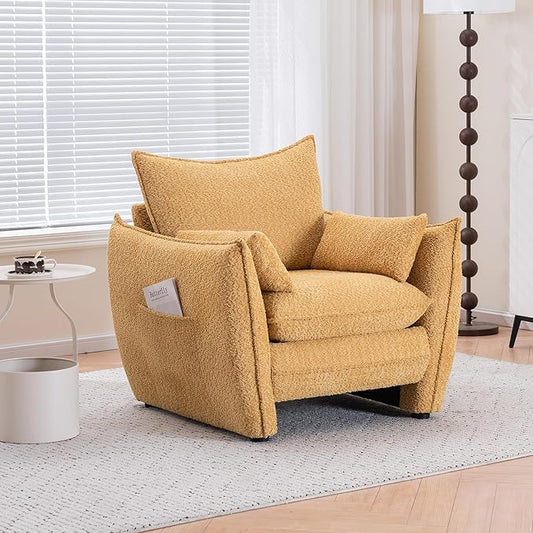 Chenille Oversized Accent Chairs, Modern Oversized Armchair with Removable Pillow, Comfy Living Room Chair with Side Pocket Storage for Bedroom, Office, Yellow