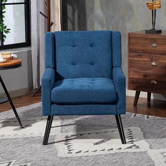 Mid-Century Modern Accent Chair, Plush Linen Fabric with Button Tufted High Back & 5" Thick Cushion, High Comfort Reading Chair for Living Room, Bedroom, Office (Blue)