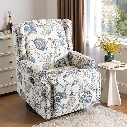 Premium 360° Swivel Recliner Chair with Footrest - Luxurious Cotton Linen & Botanical Design-Bule Plant