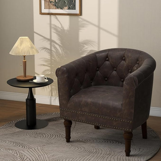Lumibee Faux Leather Barrel Chair, Upholstered Accent Chair for Living Room, Modern Comfy Club Armchair for Office, Bedroom, Waiting Room-Chocolate