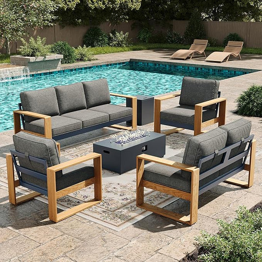 LayinSun 5 Pieces Aluminum Patio Furniture Set with Fire Pit Table, Oversized Seat with Hight Back, Outdoor Conversation Sets for Porch, Balcony, Deck