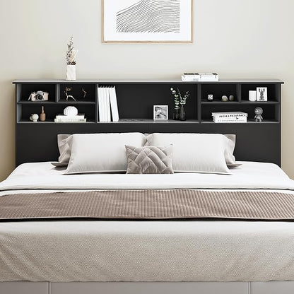 King Size Headboard only for Bedroom, Stylish King Bookcase Headboard with Built-in Charging Station & 2 LED Lights, Noise-Free Wood HeadBoard with Storage, Bookshelf Headboards Black