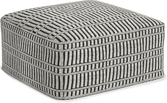 SIMPLIHOME Safford 20-inch Wide Pouf in Black and White, Handwoven Outdoor/Indoor Boho-Style Ottoman for Living Room, Bedroom, or Patio, Weather-Resistant, UV-Protected, Assembled