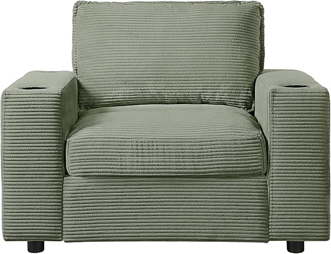 Christopher Knight Home Zoe Oversized Chaise Lounge Chair Indoor with Cup Holders & USB Charging Port, Corduroy Upholstered Sofa Bed + Ottoman with Storage, Comfy Deep Seat Sleeper Sofa Chair, Green