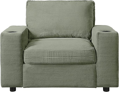 Christopher Knight Home Zoe Oversized Chaise Lounge Chair Indoor with Cup Holders & USB Charging Port, Corduroy Upholstered Sofa Bed + Ottoman with Storage, Comfy Deep Seat Sleeper Sofa Chair, Green