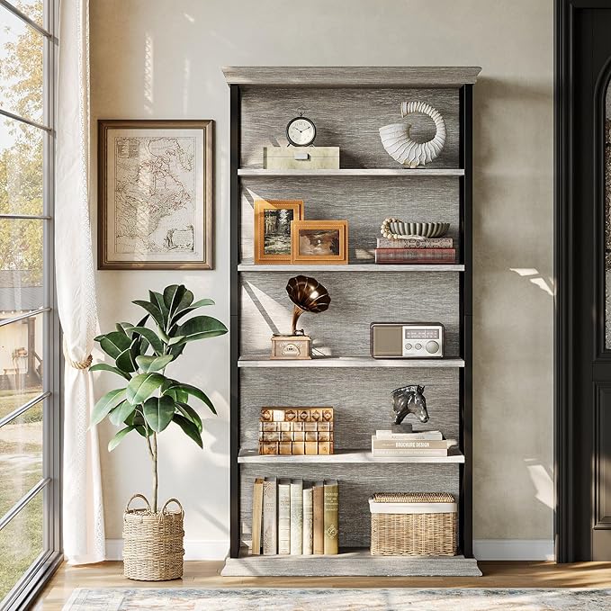 Tribesigns 71-Inch Tall Bookcase, 5-Tier Industrial Metal Bookshelf, Large Etagere Bookcases and Bookshelves, Freestanding Display Shelves for Living Room, Bedroom, Gray and Black (Set of 2)