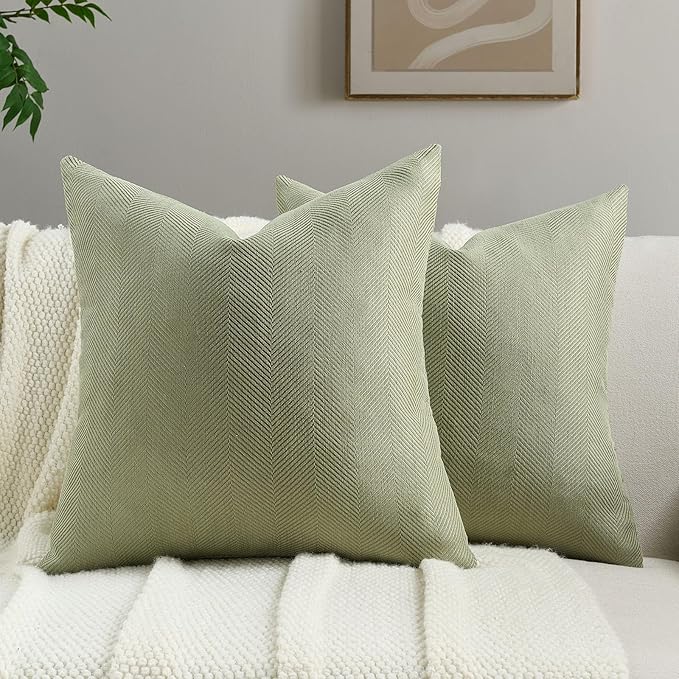 FUTEI Sage Green Chenille Throw Pillow Covers 24x24 Inch Set of 2,Soft Wide Chevron Textured European Pillow Shams,Farmhouse Home Decor for Couch Bed Living Room