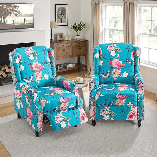 Pushback Recliner Chair Set of 2, Floral Fabric Wingback Recliner Chair, Upholstered Armchair Push Back Recliner, Rivet Trim Single Sofa Accent Chair with Wood Legs for Living Room, Peacock Blue