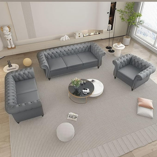 Faux Leather Sofa Couches Set, Modern Comfy Upholstered Couch with Cushions, Home Sofa Sectional Furniture Sets, 3-Piece Mid Century Tufted Chesterfield Couches for Living Room, Bedroom, Office