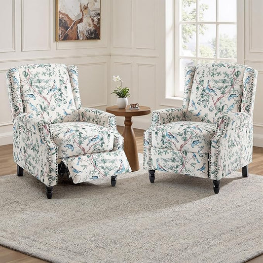 UIXE Pushback Floral Recliner Chairs Set of 2, Fabric Upholstered Armchair Push Back Accent Chair for Living Room, Rivet Trim Club Chair Home Theater Single Sofa Bedroom Side Reading Seat - Bird