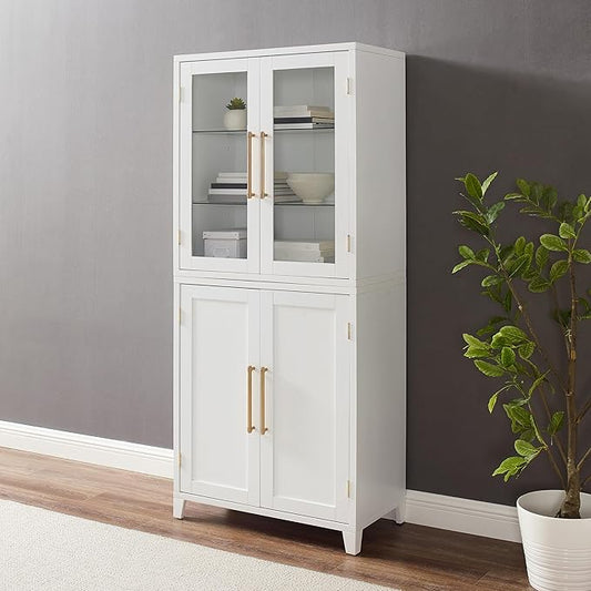 Crosley Furniture Roarke Glass Door China Hutch Kitchen Pantry Storage Cabinet with Doors and Shelves, White