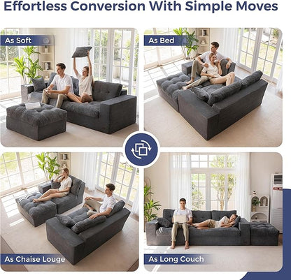 MAXYOYO 104" L Shaped Modular Sectional Sofa with Ottoman, Cloud Boneless Couch with Layered Cushion, Upholstered Sofa in a Box, Flexible Module Combination for Living Room, No Assembly, Dark Grey