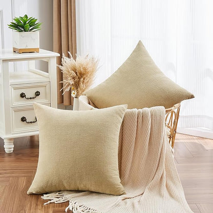 GAWAMAY Decorative Chenille Throw Pillow Covers 26x26 Inch Pack of 2, Soft Square Couch Pillow Cover for Sofa Cushion Living Room Bedroom Solid Dyed Oversized Pillowcases Khaki 66x66cm (ONLY Covers)