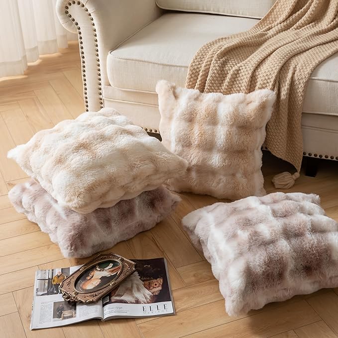 Pack of 2 Thick Plush Throw Pillow Covers Fluffy Wave Faux Fur Decorative Cushion Covers Soft Wool Pillowcase for Sofa Couch Livingroom 18x18 Inch White Beige