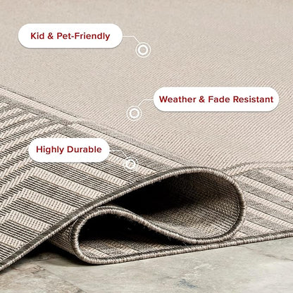nuLOOM 9' x 12' Outdoor Area Rug, Casual Design with Striped Border, Stain Resistant, Highly Durable, for Patio, Balcony, Bedroom, Living Room, Dining Room, Bathroom, Light Grey