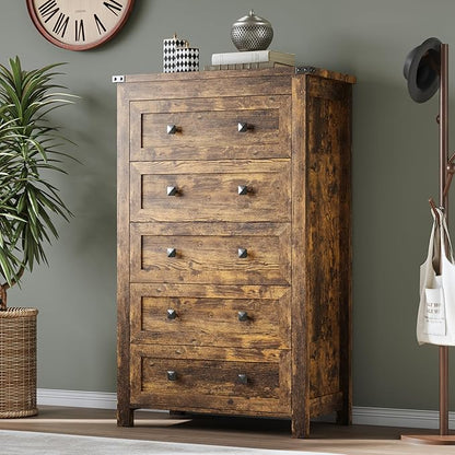 Tall 5-Drawer Dresser, Modern Wooden Storage Chest of Drawers, Dresser TV Stand, Wood Drawer Organizer with Metal Handles for Bedroom, Living Room, Hallway