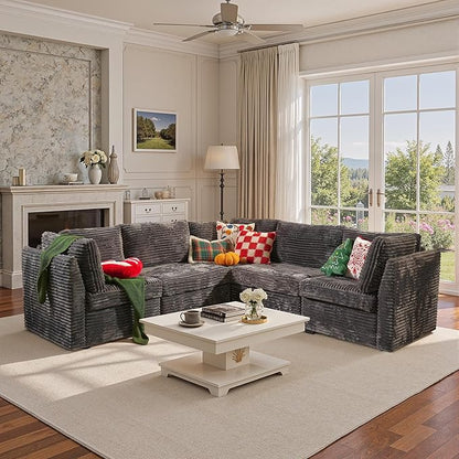 130'' Modern Modular Sectional Sofa,5 Seats Cloud Comfort Corduroy Fluffy Couch,L Shaped Convertible Sofa Couch for Living Room,Grey