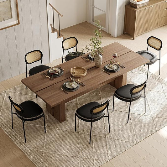 Rattan Dining Chairs Set of 6, Black Leather Upholstered Dining Chairs with Rattan Cane Back, Mid Century Modern Dining Room Chairs with Black Metal Legs & D-Shaped Thicken Cushion