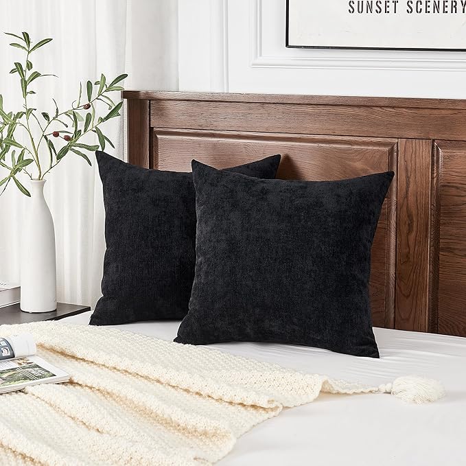 GAWAMAY Decorative Chenille Throw Pillow Covers 26x26 Inch Pack of 2, Soft Square Couch Pillow Cover for Sofa Cushion Living Room Bedroom Solid Dyed Oversized Pillowcases Black 66x66cm (ONLY Covers)