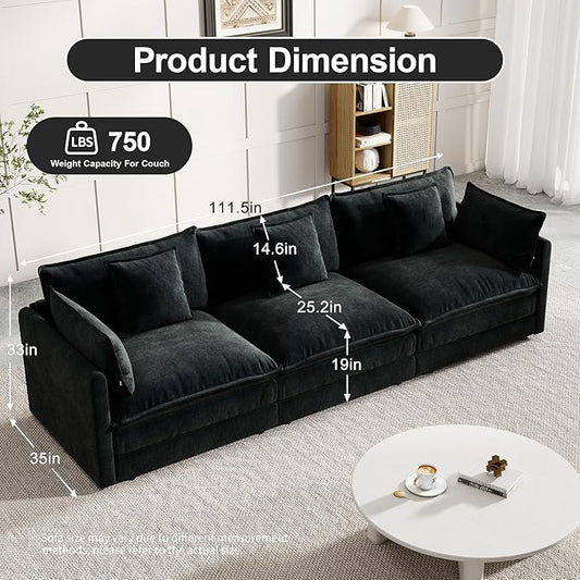 Modular Sectional Sofa, 111.5 Inch I-Shaped Cloud Sofa with Deep Seat Chenille Sofa with Cushions, Three-Self Sectional Sofa for Living Room Apartment,Black