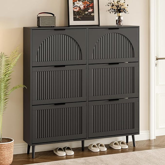 Shoe Cabinet for Entryway with 6 Flip Drawers, Slim Wooden Shoe Storage Organizer with Modern Fluted Pannel，Freestanding Narrow Hidden Shoe Rack for Hallway, Foyer, Living Room