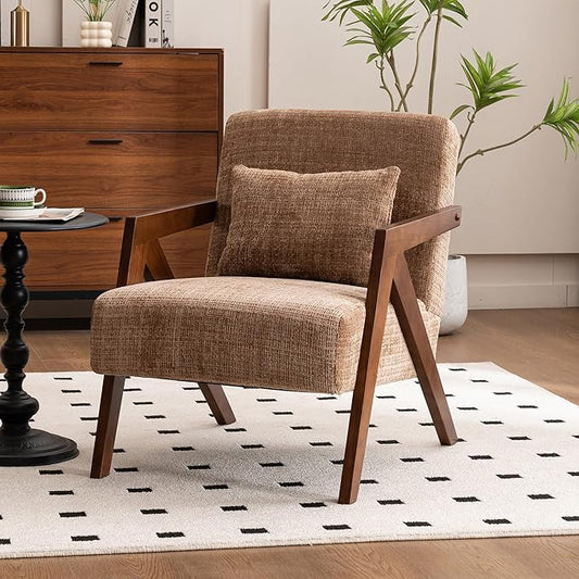 Mid-Century Modern Accent Chair with Solid Wood Frame，Upholstered Chenille Living Room Arm Chairs with Pillow for Bedroom, Living Room, Reading Room, Balcony, Brown