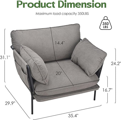 Modern Accent Chairs Set of 2, Oversized Living Room Chairs, Reading Chair with Solid Metal Legs, Fabric Armchair with Side Pockets and 2 Pillows, Accent Chairs for Bedroom, Nursery, Khaki