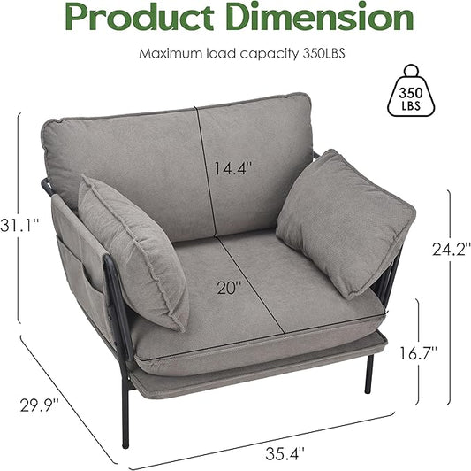 Modern Accent Chair for Living Room, Oversized Reading Chair with Solid Metal Legs, Upholstered Fabric Armchair with Side Pockets and 2 Pillows, Comfy Accent Chairs for Bedroom, Nursery, Khaki