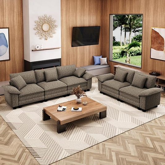 L-Shaped Cloud Modular Sofa Set, Deep Seat 2-Piece 5-Seater Sectional Couch & Removable Arms, Plush Chenille for Living Room - Smoky Gray