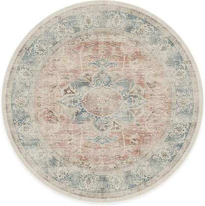 RUGGABLE Washable Vintage Area Rug – Sarrah Coral 8 ft Round, Stain-Resistant, Non-Slip – Large Machine Washable Rugs for Living Room, Bedroom, Hallway, Entryway & Office–with Cushioned Pad
