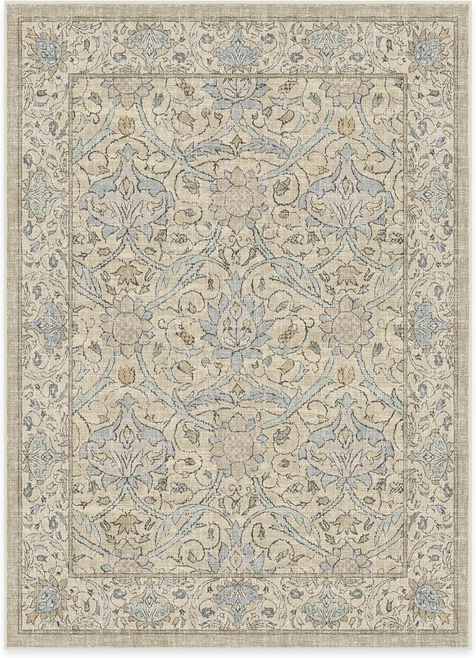 RUGGABLE x Morris & Co Washable Area Rug – Montreal Natural Blue 5x7, Stain-Resistant, Non-Slip – Medium Machine Washable Rugs for Living Room, Bedroom, Hallway, Entryway & Office–with Standard Pad