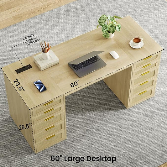 WOPITUES 60" Boho Home Office Desk with 10 Wooden Drawers, Rattan Computer Writing Desk with Power Outlets, Large Executive Desk with Storage Cabinet for Work Study Writing Craft, Natural Brown
