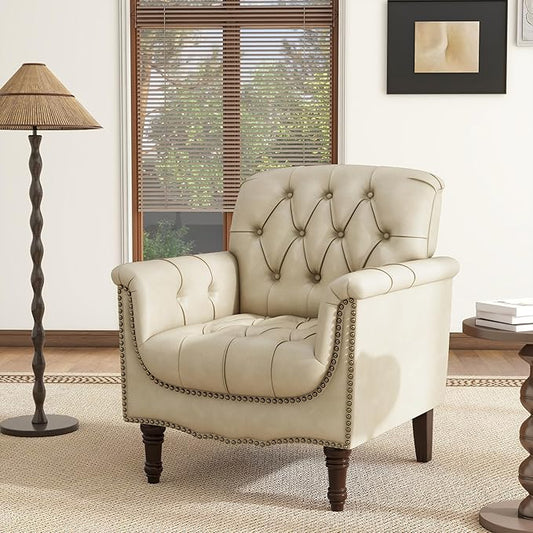 Lumibee Faux Leather Armchair, Contemporary Accent Chair with Nailhead Trims & Wood Legs for Living Room, Upholstered Comfy Arm Chair for Office,Bedroom-Beige