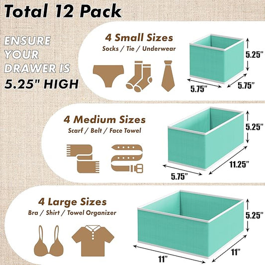 SIMPLE HOUSEWARE Foldable Drawer Organizer for Clothes/Underwear/Panty/Onesie Stocking Bin, Set of 12, Turquoise