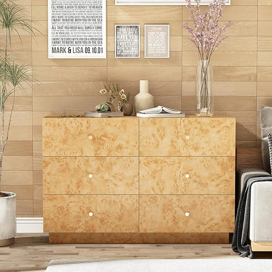 Modern 6 Drawer Dresser with Burl Finish, Wide Wood Chest of Drawers Clothes Organizer, Stylish Large Storage Cabinet for Bedroom or Entryway
