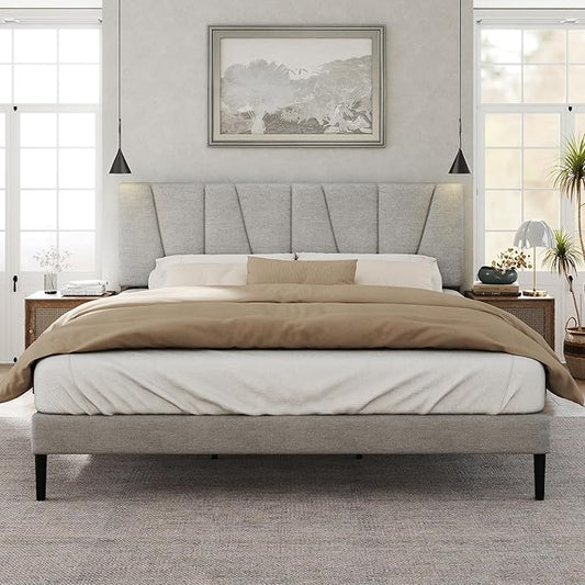 King Size Bed Frame with Fabric Upholstered Headboard, Platform Bed with Wooden Slats Support, Fully Mattress Foundation, Box Spring Optional, Easy Assembly