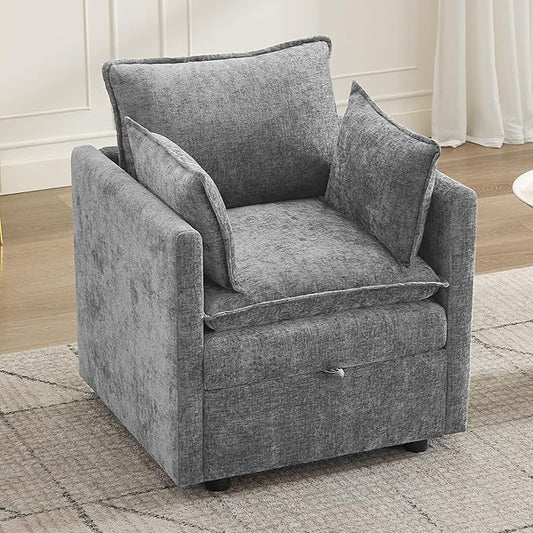 30" Cloud Modular Single Sofa Chair with Storage, Modern Upholstered Accent Chair Deep Seat, Chenille Reading Lounge Armchair for Living Room, Bedroom, Small Space, Light Grey