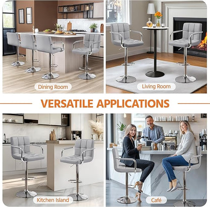 Yaheetech Bar Stools Set of 3, PU Leather Adjustable Barstools with Armrest, Counter Height Stool Chairs with Thickened Seat Cushion for Kitchen Island, Light Grey