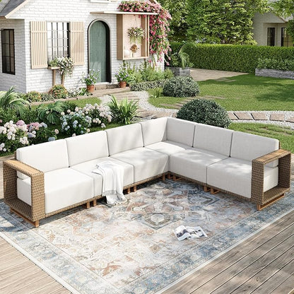 Outdoor Patio Furniture Set, 6 Piece Sectional Rattan Wicker Sofa Couch, Outdoor Conversation Sets with 10" Extra Thick Cushions for Deck Backyard Lawn