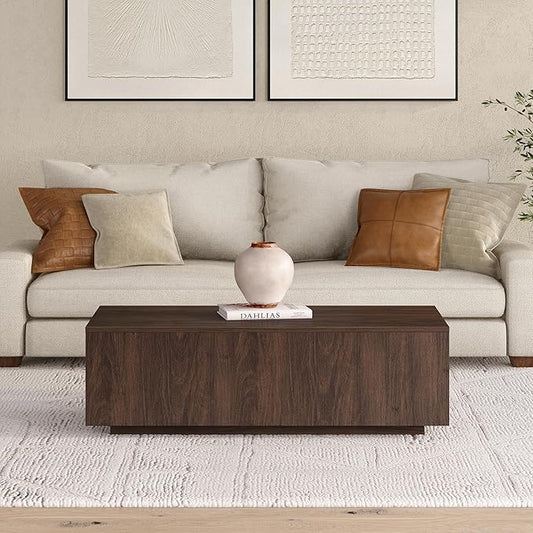 Henn&Hart 48" Rectangular Low-Profile Wood Coffee Table for Living Room, Family Room, or Office, Alder Brown